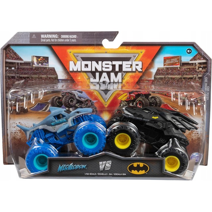 Set Masinute Monster Jam Batmobil si Megalodon, 1:64, detalii autentice, pentru copii de la 3 ani