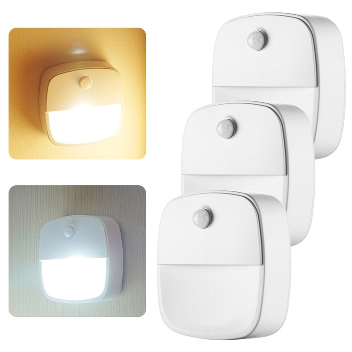 Set 3 lampa LED de veghe, Yingyun®, lumina calda 3000K / lumina alba 6000K, senzor de miscare, alimentat cu baterii, autoadeziva, pentru dormitor, baie, dulap de bucatarie, hol, scari, Alb