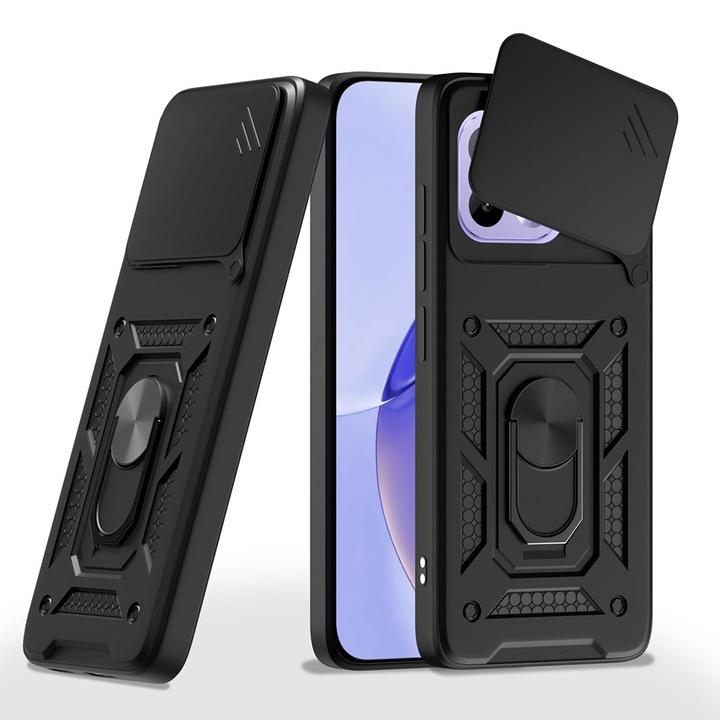 Husa pentru Realme 16 Pro cu inel rotativ 360 Daden, Camshield series, Hybrid Antisoc, Slider pentru protectia camerei, Negru
