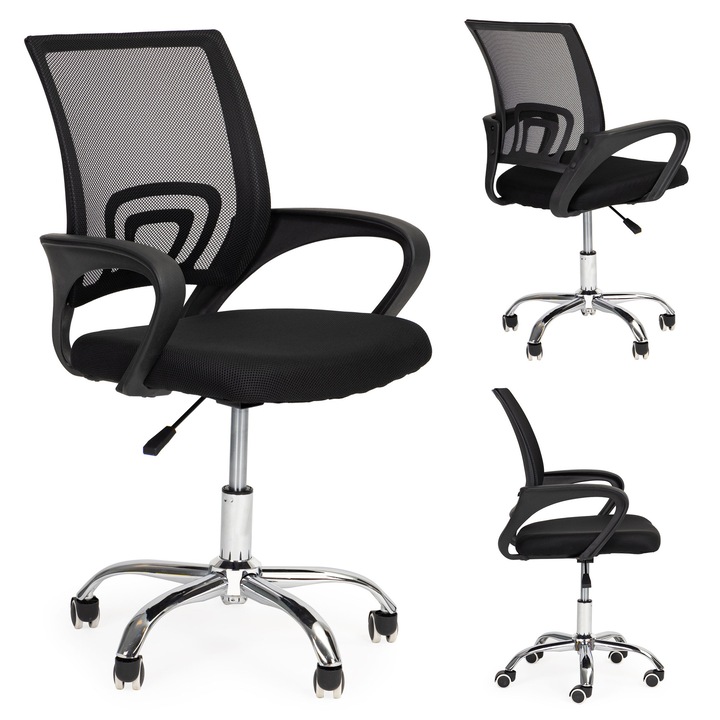 Scaun birou ModernHome, fotoliu ergonomic cu spatar din plasa, suport lombar, reglabil pe inaltime, roti care nu zgarie, baza metalica cromata, Negru