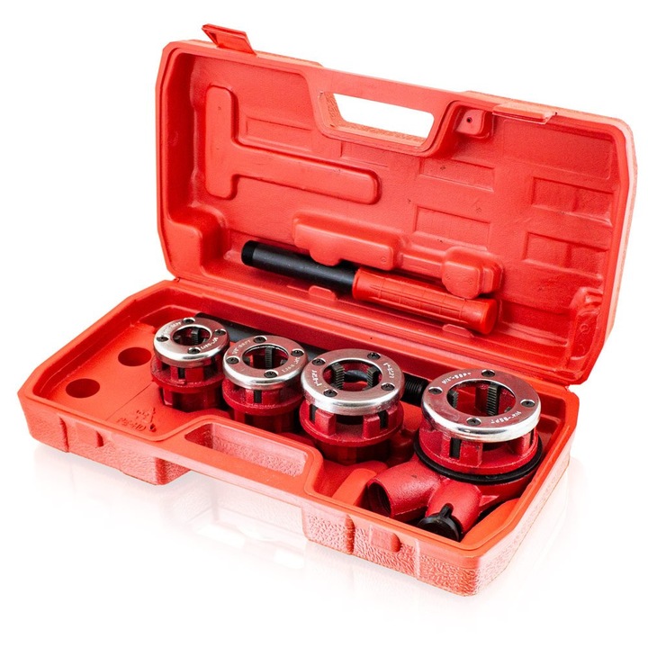 Set de filetare tevi din otel 7 piese. 1-1/4", 1", 3/4", 1/2",