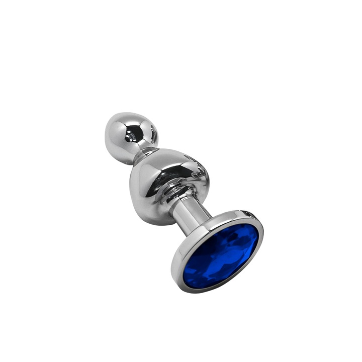 Dop anal Lollypop Double Ball M, fém, kék kristállyal, 9,4x3,1cm, uniszex, Wooomy