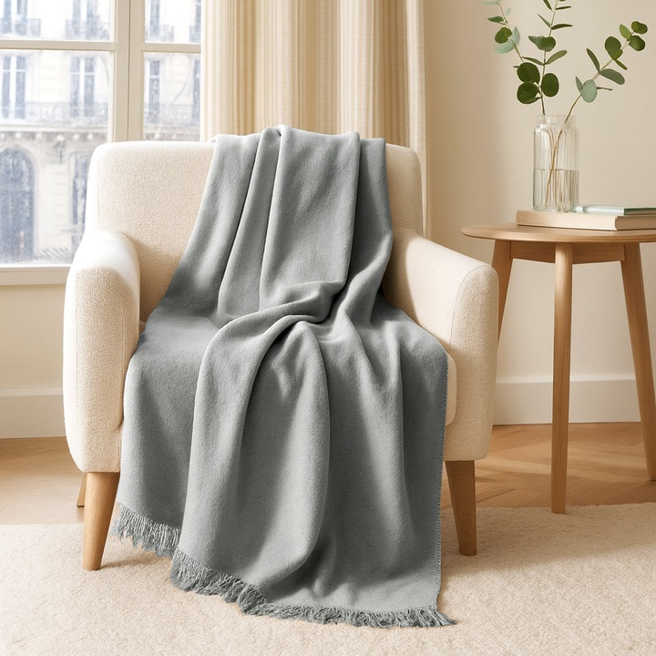 Pled baltat 150x200cm, Darymex, gri deschis, cu franjuri