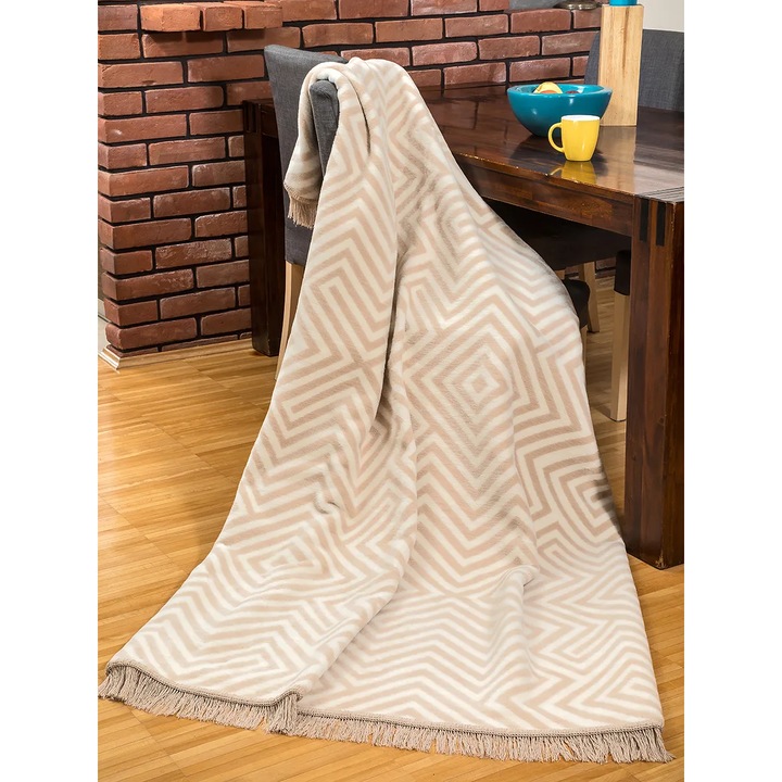 Patura Unia 150x200cm crem-bej geometrica, 60% bumbac, 35% acril