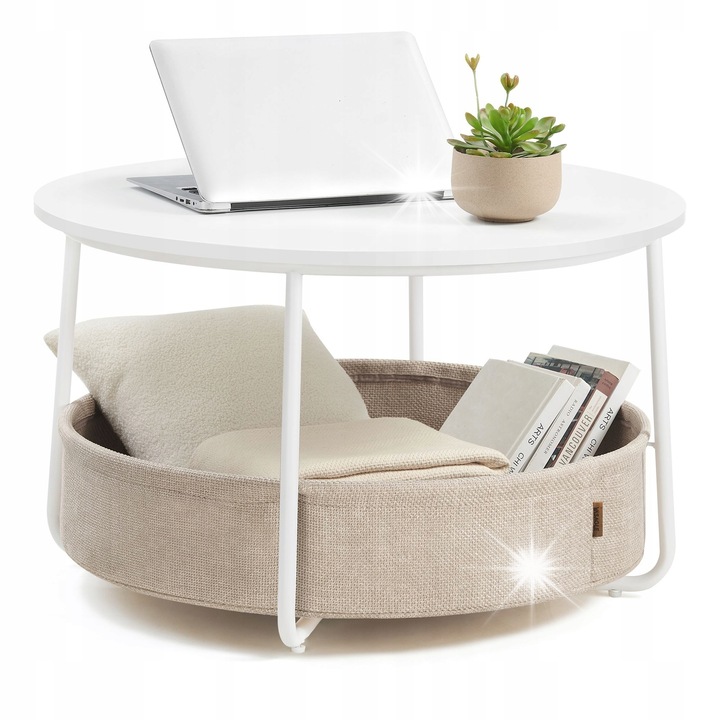 Маси, Масичка за кафе, Songmics, овална, бяло-бежова, 75x45 см, с кош за съхранение