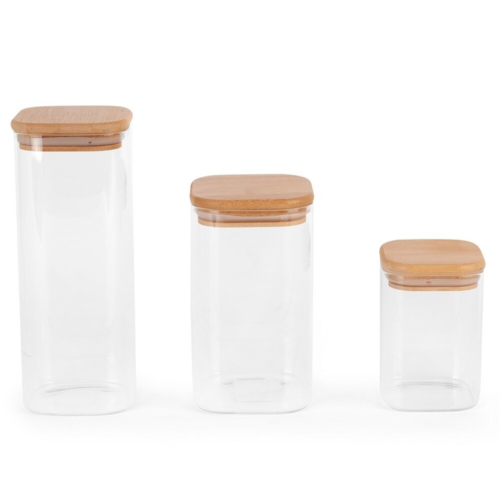 Set 3 borcane din sticla cu capac din lemn, Eurofirany, 800/1600/2000 ml, transparent