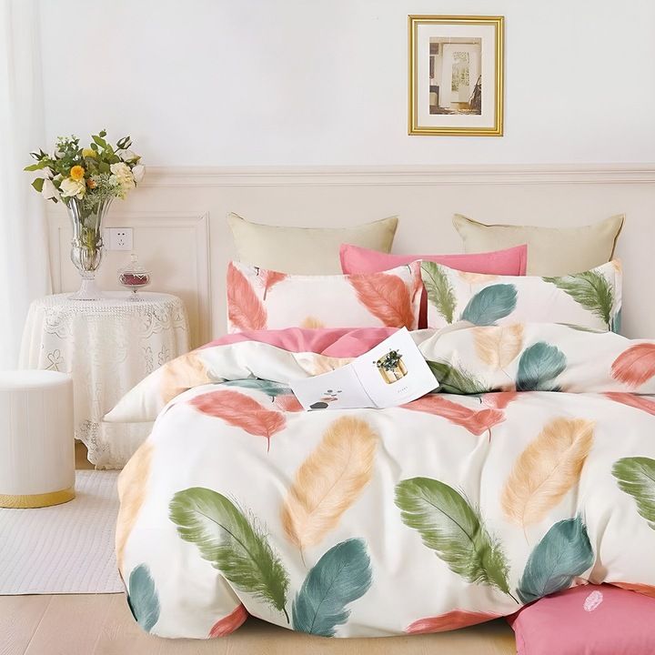 Hálószoba szett EmonaMall S18113, kétoldalas, 4 párnahuzat, 6 részes, fehér/rózsaszín