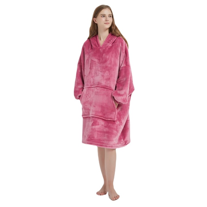 Patura tip hanorac, Spod Igly i Nitki, roz, 100x60cm, 100% microfibra