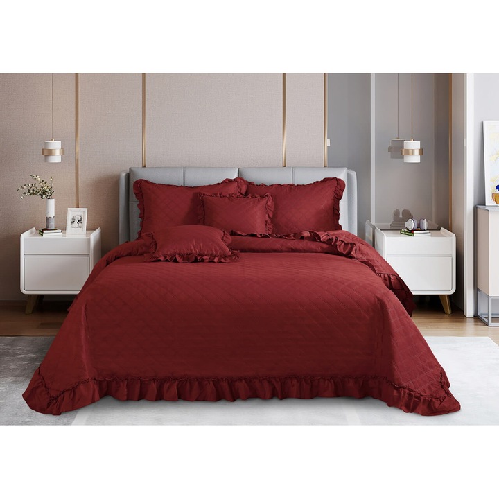 Narzuta decorativa RUFFY 160x220 bordo, cu volan si design pikat