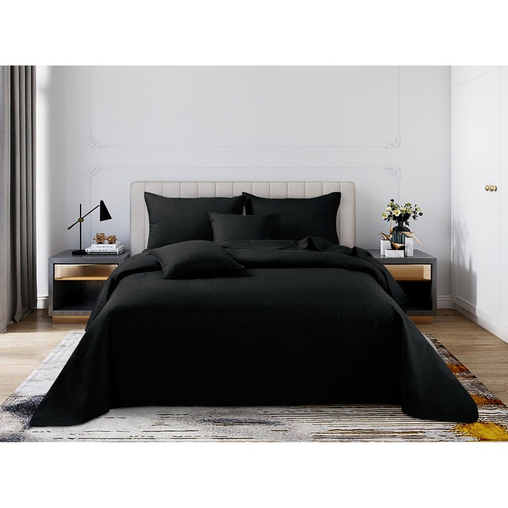 Narzuta decorativa TRIO, 240x260cm, neagra, 100% poliester, 320 GSM