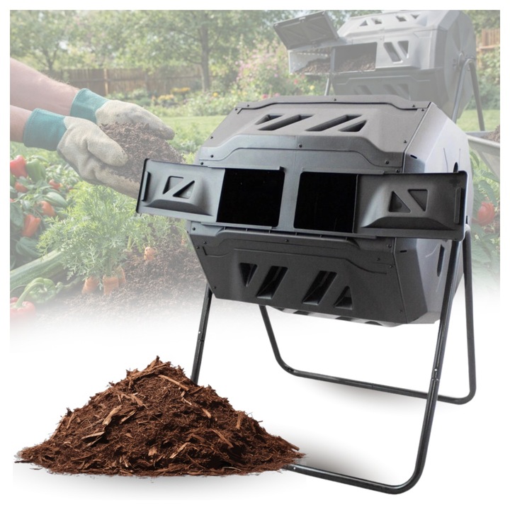 Compostor gradina 160L, doua camere, rotativ, metalic
