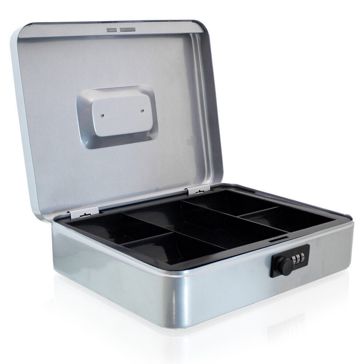 Caseta metalica Bituxx 30cm, gri, cu 5 compartimente, inchidere cu cod, pentru monede si bancnote