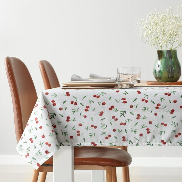 Obrus decorativ CHERRY, Eurofirany, 140x220cm, alb cu cirese rosii, impermeabil