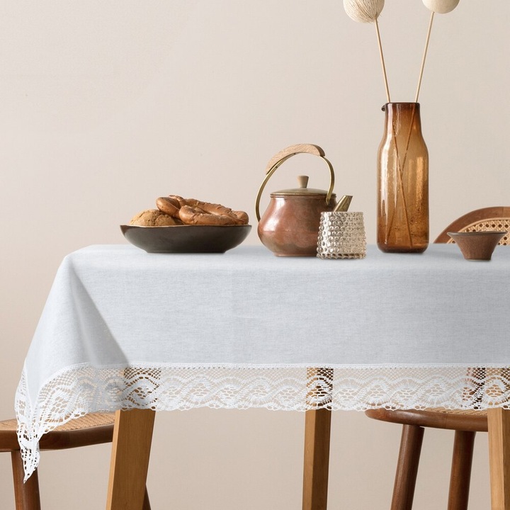 Obrus decorativ set SUSAN 140x220cm, Eurofirany, alb, cu dantela