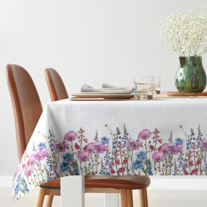 Obrus decorativ set RUBY 140x220cm, Eurofirany, alb-roz, flori