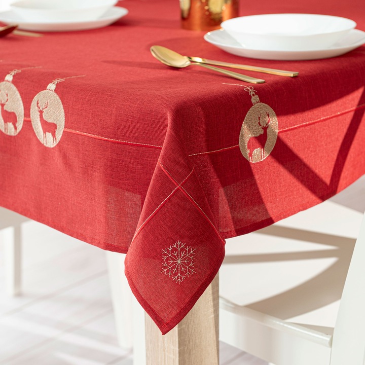 Obrus de sarbatoare, Markizeta, rosu, 140x220cm, cu reni brodati in globuri
