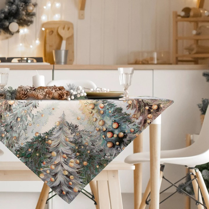 Obrus festiv gobelin 100x100cm, Eurofirany, natural, verde, peisaj de iarna cu braduti si globuri