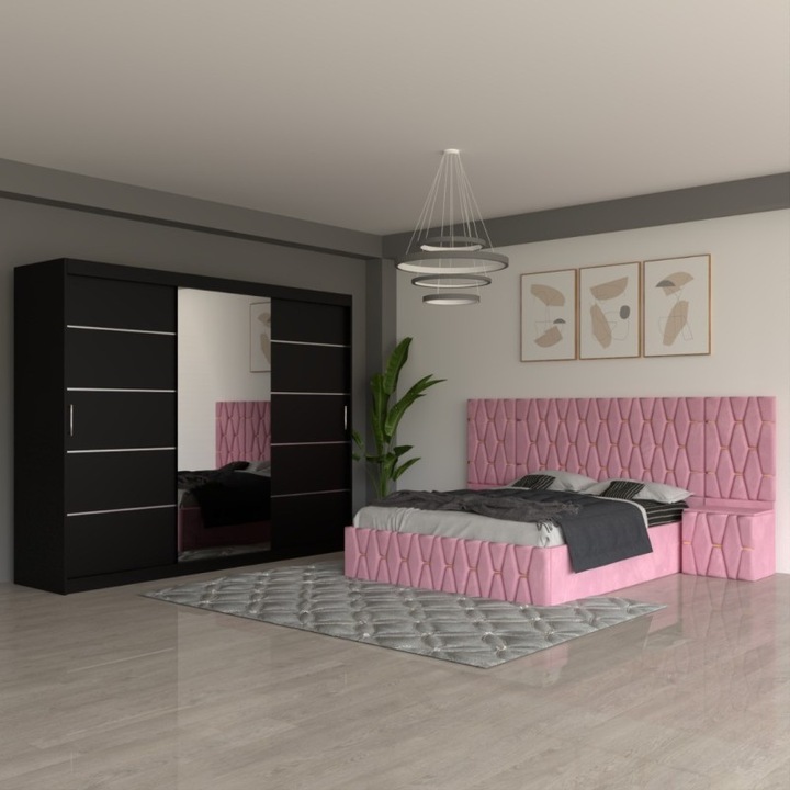 Dormitor Eric Roz CELA MOB Cu Extensii Dulap Negru 250 cm - 180X200