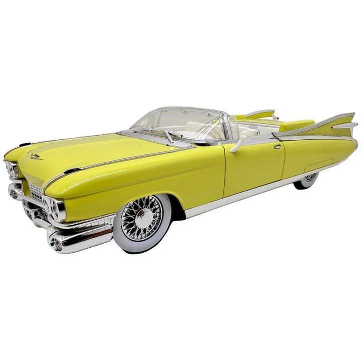 Macheta Cadillac Eldorado Cabrio galben 1:24 replica metal lumini si sunete usi capota portbagaj deschise