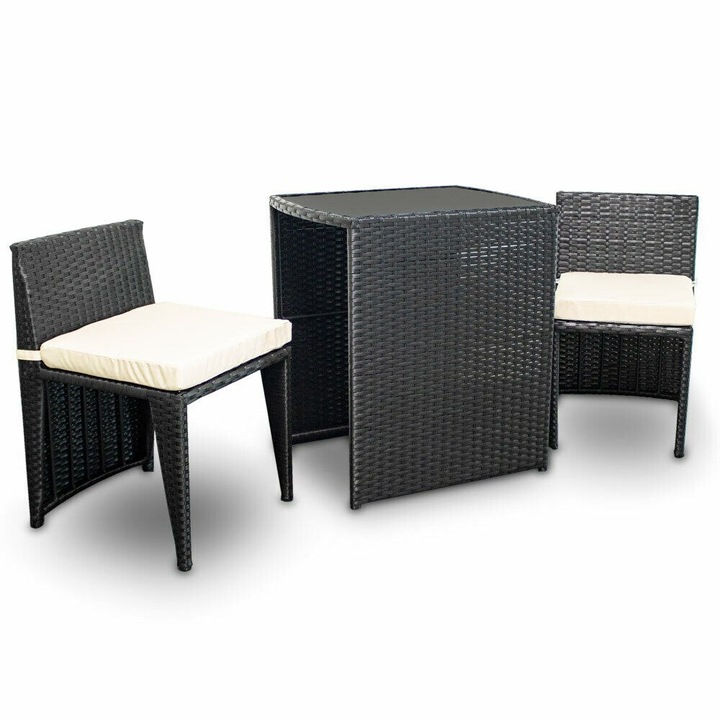 Set mobilier gradina, Bituxx, 2 fotolii, masa cu sticla, negru, 70x65x49cm
