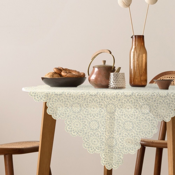 Obrus decorativ set IRINA 85x85cm, bej, cu broderie florala, din voal