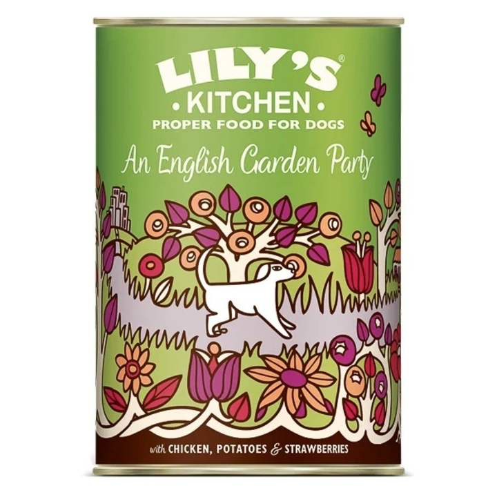 Lily's Kitchen For Dogs – Hrana umeda completa cu pui, capsuni si legume de gradina pentru caini adulti, 400 g (Greutate Produs: 400g, Cantitate: 1 Conserva)