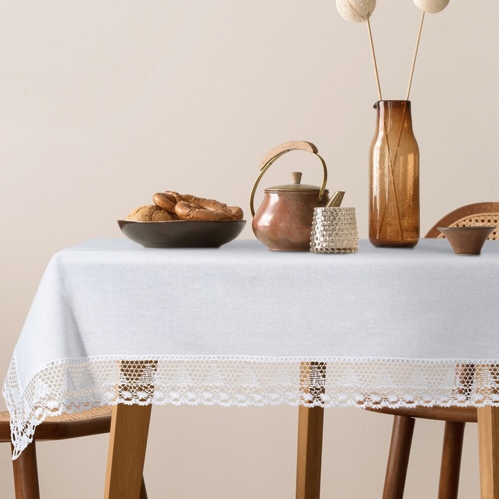 Obrus decorativ NATALY, Eurofirany, 140x180cm, alb, cu dantela