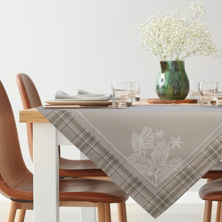 Obrus de masa festiv 140x200cm ciemnbezowy cu siruri de brad, Eurofirany