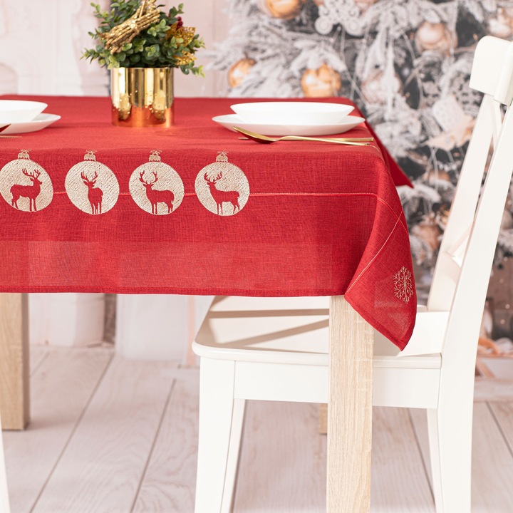 Obrus de sarbatoare, Markizeta, cu reni aurii, 120x160cm, rosu