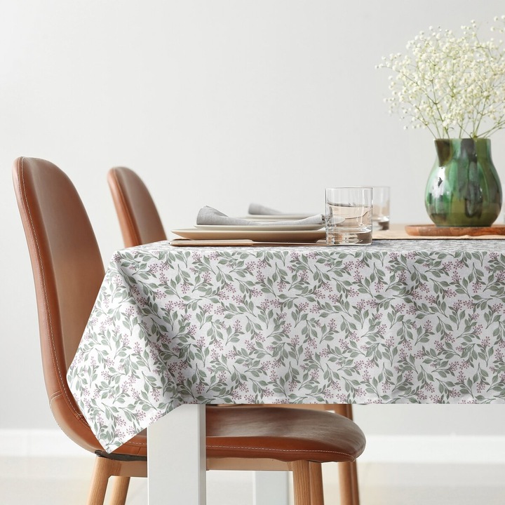 Obrus decorativ set GRACE, Eurofirany, 140x220cm, alb-verde, model botanic
