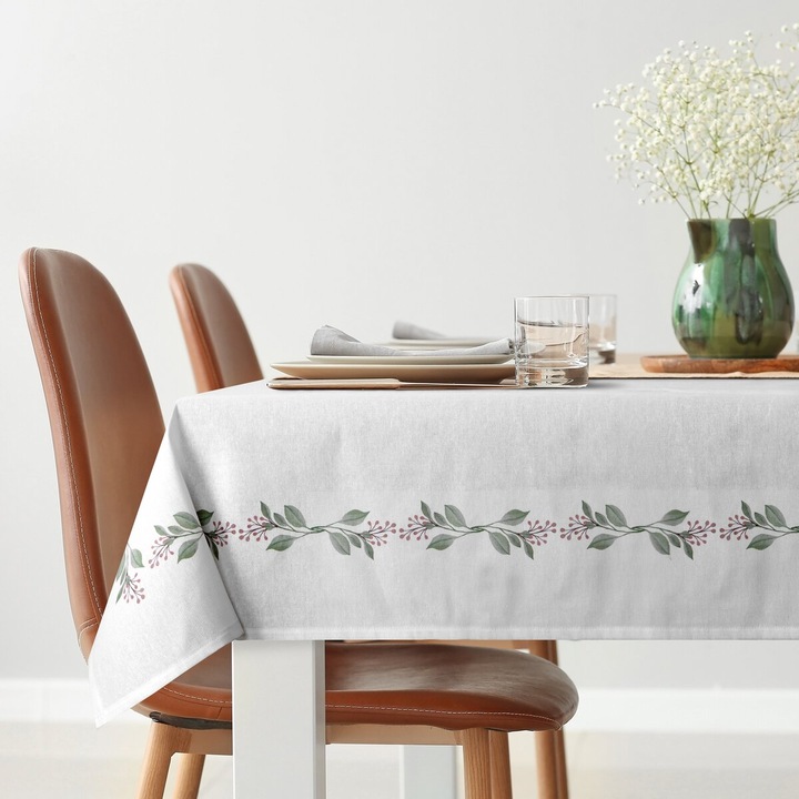 Obrus decorativ set LILY, Eurofirany, 140x220cm, alb-verde, model botanic