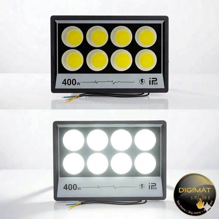 Proiector LED Halogen DIGIMAT® 400W IP66 Exterior, 30.000 Lumeni, Lumina Alb Rece 6500K, 220-240 V, Alimentare retea, Carcasa Aluminiu cu Radiator, Reflector LED Profesional pentru Teren Sport, Santier, Depozit, Parcare, Hala Industriala, 32 x 23 x 3 cm