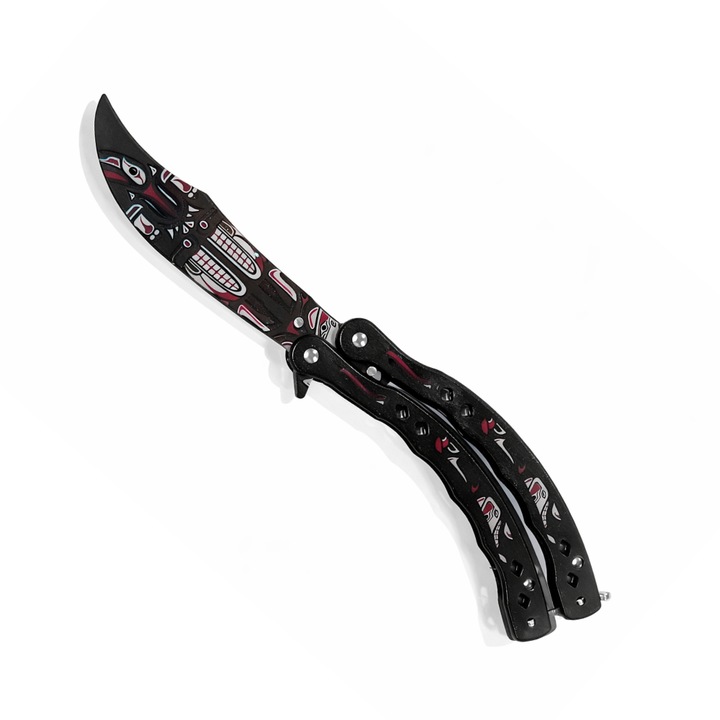 Cutit tip Balisong Sistem Fluture cu Design Tribal Masca, Lama Decorativa Negru, Maner Metalic Negru si Alb, Ideal Colectie si Antrenament, 23 cm, Dalimag