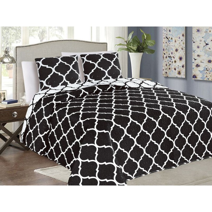 Patura decorativa cuvertura TAVIRA, 180x220cm, neagra si alba, set cu perne