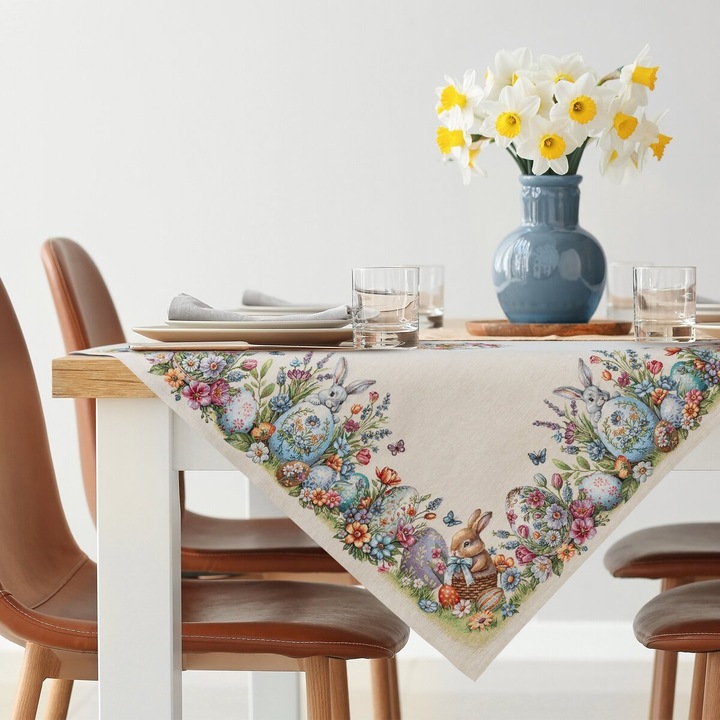 Obrus decorativ gobelin 100x100 Eurofirany, multicolor, motiv wielkanocny cu zajac si pisanki