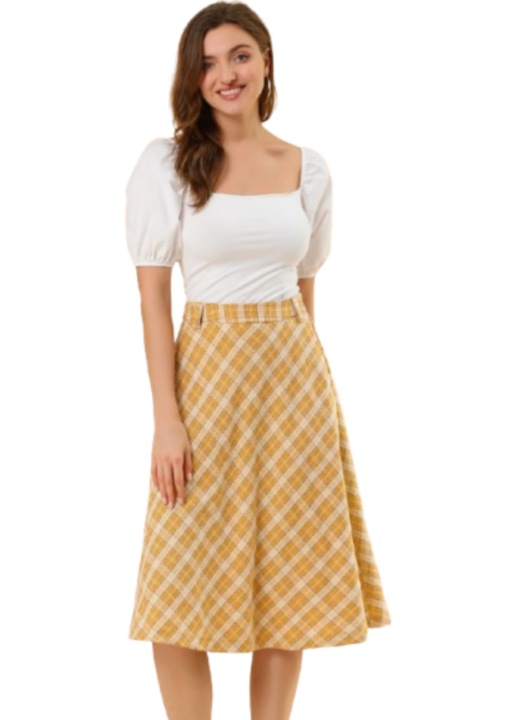 Női A-vonalú kockás szoknya, térdig érő, magas derekú, L-es méret, narancssárga színű