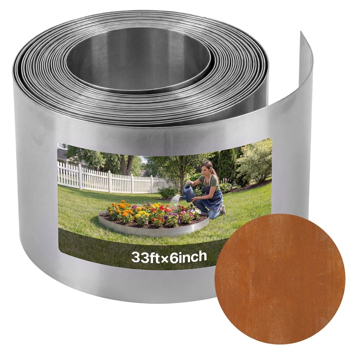 Bordura metalica din otel corten pentru gradina si gazon, Fasii de delimitare, 10 m x 15 cm, Flexibile, Montaj usor, Cu manusi incluse, Pentru straturi si alei, Maro ruginiu