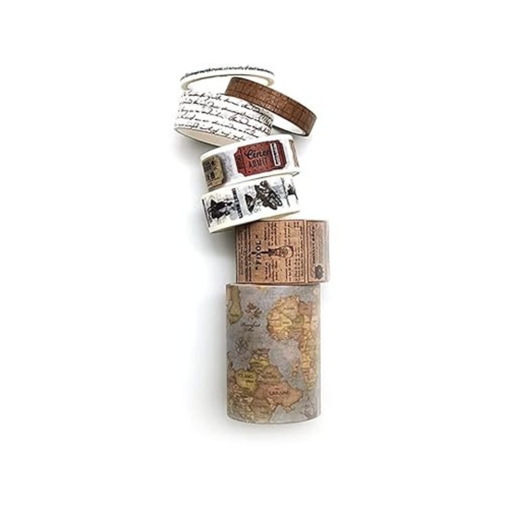 Set 7 role banda washi tape vintage, pentru mestesuguri, hartie, multicolor