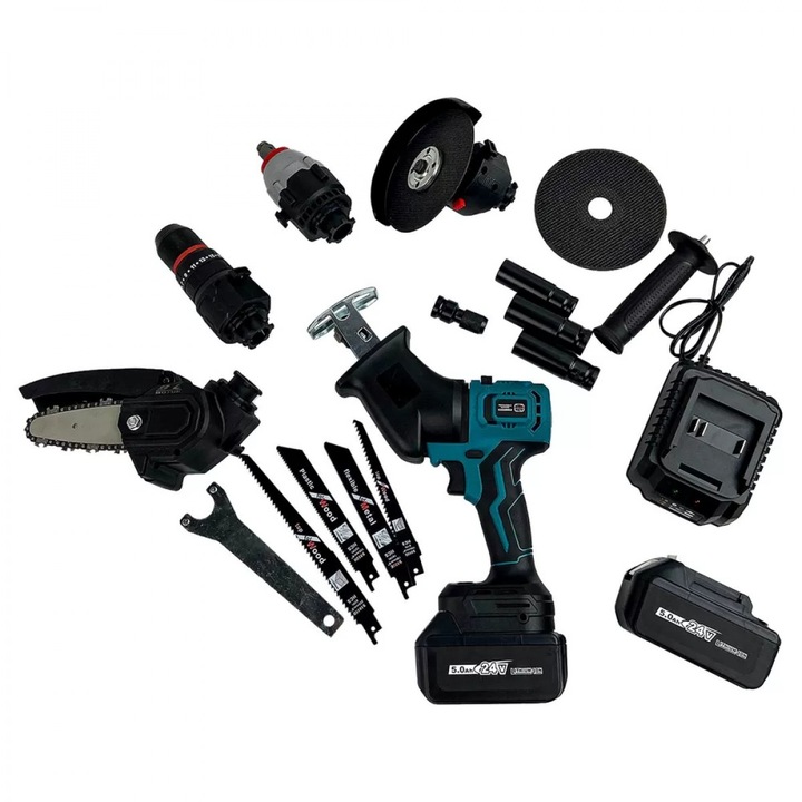 Trusă multifuncțională 5 în 1 German Meister, 2 acumulatori 24V 5Ah, capete interschimbabile, set complet