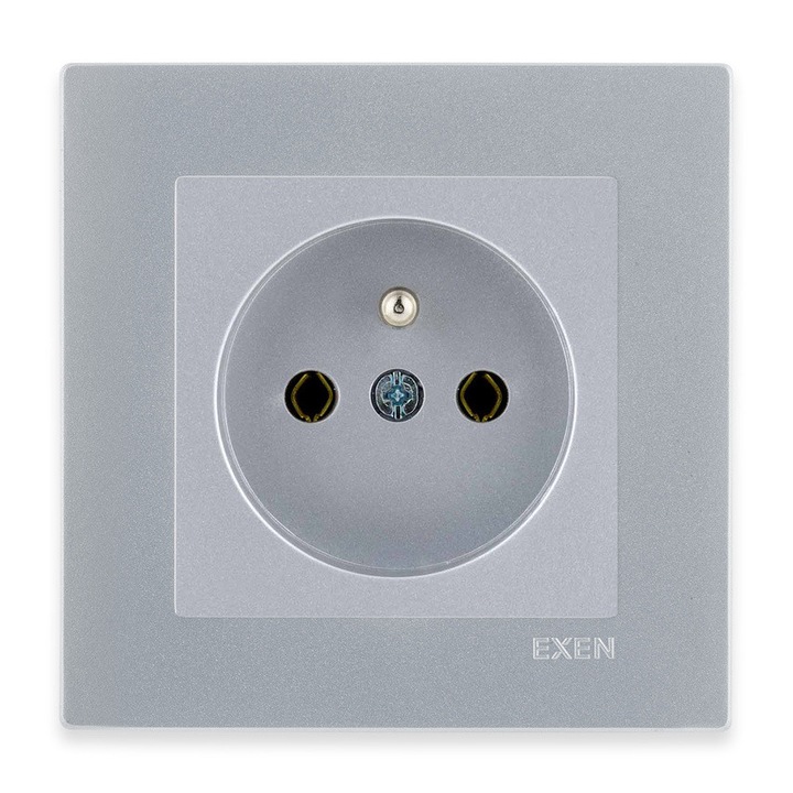 Priza electrica simpla cu STIFT cu impamantare, tip E, argintie + rama argintie EXEN