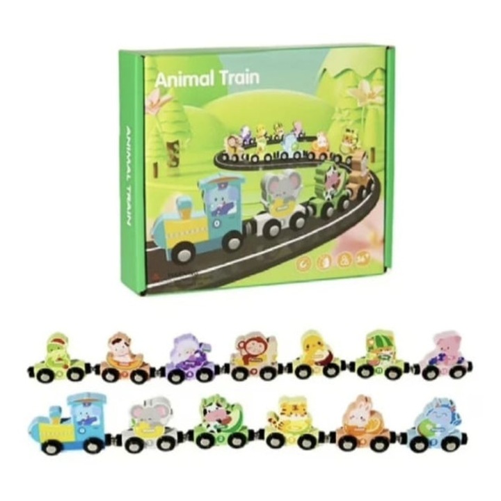 Trenulet cu prinderi magnetice, animale si fructe, 13 piese, lemn, multicolor