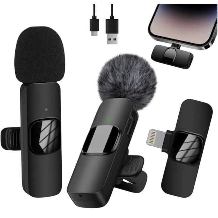 Microfon Wireless Lavaliera K9-IP-2, Sistem Dual 2-in-1, Anulare Activa a Zgomotului, Autonomie 6 Ore, Compatibil iPhone® si iPad® ( SAMSUNG® & Apple®) USB-Lightning