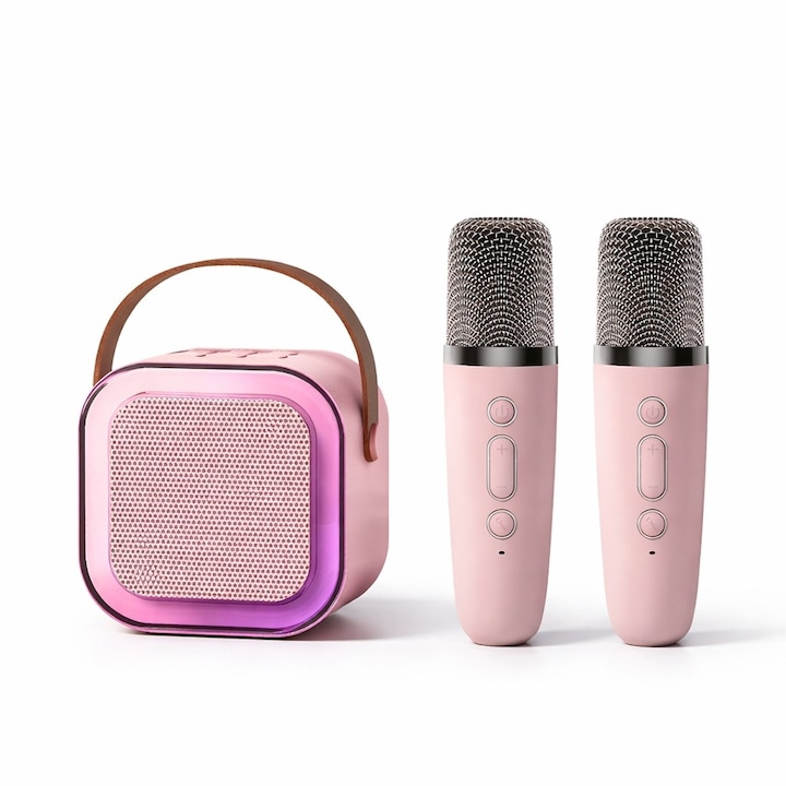 Boxa Portabila Karaoke, Bluetooth 5.3, 5-10W, Set 2 Microfoane Wireless, LED RGB, 4 Efecte Vocale, Type-C, 14 x 11 cm, Roz