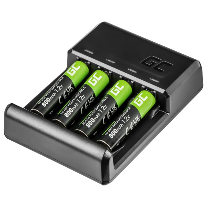 Incarcator Green Cell cu 4 baterii AAA 800 mAh, Ni-MH, protectii termice si impotriva supratensiunii