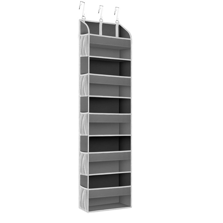 Ruhásszekrényre akasztható tároló, nylon és hálós anyagból, megerősített karton alappal, 5 fő zseb + 10 oldalsó zseb, 140 x 39 x 17 cm, 3 kampóval, szürke