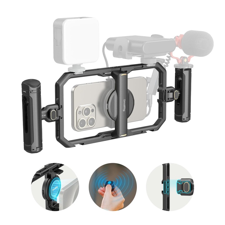 Kit tartó telefon univerzális gyorskioldású SmallRig Basic, alap okostelefon készlet alumíniumból, dupla markolattal vezeték nélküli vezérléshez és telefoncsipesszel, MagSafe-hez, iPhone 17 16 15-höz, Samsunghoz és Pixelhez
