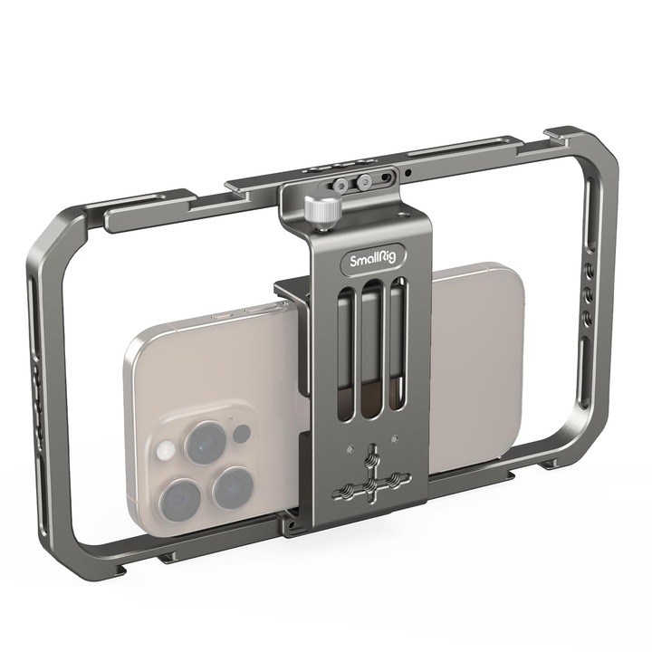 SmallRig Univerzális okostelefon videó tartó iPhone 17 16 15 14, Samsung, Filmkészítő és vlogoló tartó, Alumíniumötvözet telefon tartó markolattal és Cold Shoe rögzítéssel videósoknak