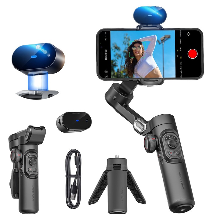 AOCHUAN XE Stabilizator Gimbal pentru Smartphone, Versiunea AI, Urmarire AI FARA APLICATIE, Control Gesturi, Gimbal Inception la 360° cu TikTok YouTube, Trepied Portabil Pliabil pe 3 Axe pentru iPhone si Android, Negru