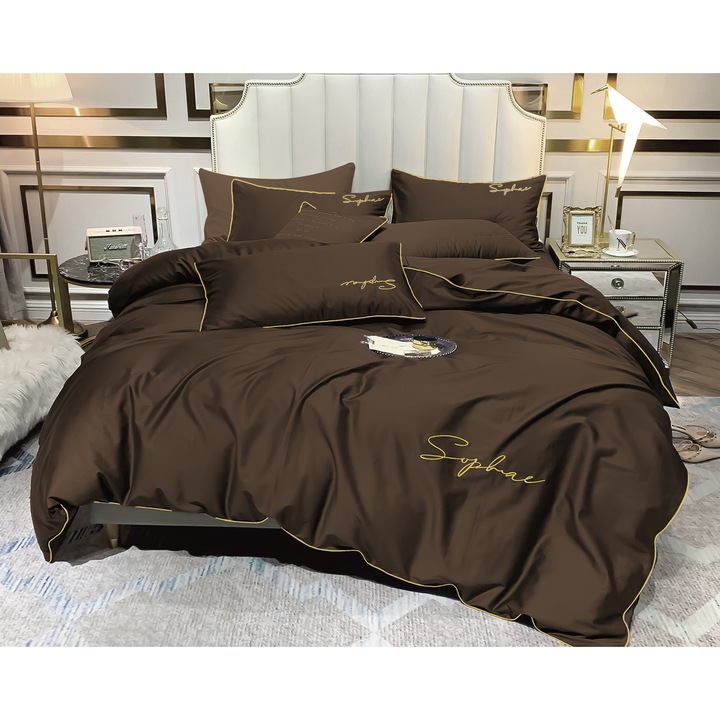 Ágynemű garnitúra 160x200, Cotton world, 2 párnahuzat 70x80, barna szín, arany szatén részletek