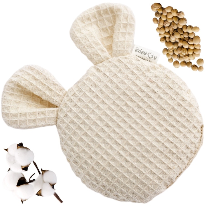 Termofor cu samburi de cirese BabyU, Model ECRU, cu urechi senzoriale, husa din bumbac, pentru colici si dureri, compresa calda sau rece, diametru 150 mm, greutate 150g
